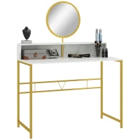 HOMCOM Modern Dressing Table with Round Mirror, Vanity Makeup Desk with Open Storage, Faux Marble Texture and Steel Frame for Bedroom, White(m-1)