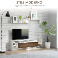 HOMCOM Mobile TV con Mensola a Muro, Ripiani Aperti e Armadietto Chiuso, in Truciolato Bianco e Marrone(m-4)