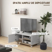 HOMCOM Dulap TV 42" Max cu 2 Rafturi deschise si Usa, Dulap TV Jos din PAL cu Roti, 80x45x39.5 cm, Alb(m-5)