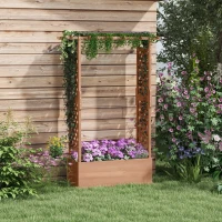 Outsunny Strat de Grădină Înălțat cu Grilaj și Acoperiș, Jardinieră din Lemn pentru Plante Cățărătoare, 112x41x180 cm, Maro(m-2)