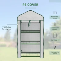Outsunny Mini Seră pe 3 Nivele cu Acoperiș PE Întărit, Seră Portabilă cu Ușă Rulantă și Rafturi din Sârmă, 59x39x127 cm, Alb(m-4)