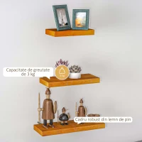 HOMCOM Set de 3 Rafturi de Perete din Lemn de Pin pentru Sufragerie, Dormitor si Studiou, 30/40/50x18x3.6cm, Maro(m-6)