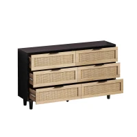 Meuble de Rangement en Rotin avec 6 Tiroirs pour Chambre et Salon, Commode en Panneaux de Particules de Haute Qualité, 130x40x75 cm, Noir(m-8)