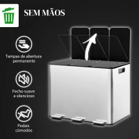 HOMCOM Balde de Lixo de Cozinha com 3 Compartimentos 3x10L com Pedais Tampas com Fechamento Suave e Cubo Amovível Prata(m-6)