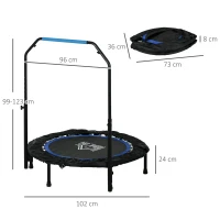 HOMCOM Fitness Trampoline, Opvouwbaar, Verstelbare Handgreep, Ø102x123H cm, tot 100 kg, Zwart/Blauw(m-3)