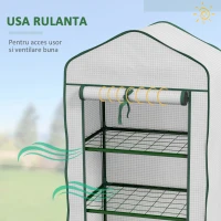 Outsunny Mini Seră pe 3 Nivele cu Acoperiș PE Întărit, Seră Portabilă cu Ușă Rulantă și Rafturi din Sârmă, 59x39x127 cm, Alb(m-6)
