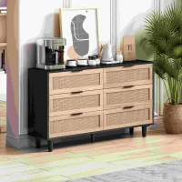 Meuble de Rangement en Rotin avec 6 Tiroirs pour Chambre et Salon, Commode en Panneaux de Particules de Haute Qualité, 130x40x75 cm, Noir(m-4)