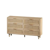 Commode en rotin avec 6 tiroirs pour chambre et salon, meuble de rangement en panneau de particules de haute qualité, 130x40x75 cm, Naturel(m-9)