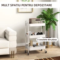 HOMCOM Cărucior pentru Depozitare pe 3 Nivele și Roți cu Frâne, Cărucior Rulant cu 3 Coșuri din Plasă, 45x30,6x79 cm, Alb(m-4)