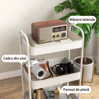 HOMCOM Cărucior pentru Depozitare pe 3 Nivele și Roți cu Frâne, Cărucior Rulant cu 3 Coșuri din Plasă, 45x30,6x79 cm, Alb(m-6)