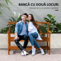 Outsunny Bancă din Lemn, Bancă cu 2 Locuri de Exterior cu Raft de Depozitare, Spătar, Cotiere și Scaun, 125x58x88 cm, Carbonizat(m-4)