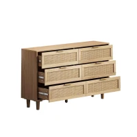 Commode en rotin avec 6 tiroirs pour chambre et salon, meuble de rangement en panneau de particules de haute qualité, 130x40x75 cm, Naturel(m-8)