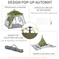 Outsunny Cort pentru Camping cu 2 Locuri, Cort cu Ușă, 3 Ferestre cu Plasă și Geantă pentru Transport, 240x240x199 cm, Verde(m-5)