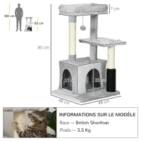 PawHut Arbre à chat arbre à grimper griffoir massage pour chat centre d'activités avec niche et plates-formes hauteur 85 cm gris clair(m-3)