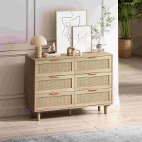 Mobiletto Portaoggetti in Rattan con 6 Cassetti, Cassettiera in Truciolato di Alta Qualità per Camera da Letto e Soggiorno, 110x40x75 cm, Naturale(m-4)