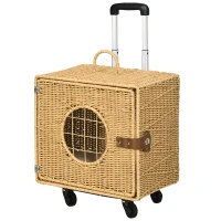 PawHut Caisse de transport pour chat avec roulettes et poignée télescopique en résine tressée effet rotin coussin inclus marron(m-10)