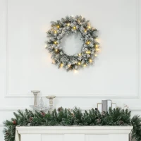 HOMCOM 60" Snowy Pine Cone and Berry Christmas Wreath, with LED Lights(m-2)