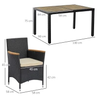 Outsunny Ensemble salon de jardin 6 personnes grande table à manger rectangulaire + 6 fauteuils & coussins lavables acier résine tressée PE bois d'acacia noir et beige(m-3)