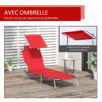 Outsunny Transat Bain de Soleil Pliable Chaise Longue Pliante Grand Confort Dossier Inclinable Multi-positions et Pare-Soleil réglable Dim. 187L x 58l x 36H cm rouge(m-6)