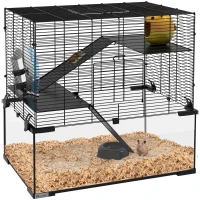 PawHut Cușcă pentru Hamsteri, Gerbili și Animale Mici din Fir de Otel și Sticlă cu Rotiță, 60x40x57 cm, Negru(m-1)