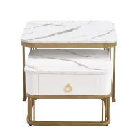 Set of 2 Nesting Coffee Table with High Gloss Top, Gold Accents, and Drawer, Marble Side Table for Living Room, 60x60x45 cm/50x50x34 cm, White(m-12)