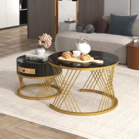 2-in-1 Marble Coffee Table Set with Marble Grain Veneer Top, Rattan Drawers, and Solid Wood Handles, Gold Iron Legs, 70x70x45.5 cm + 50x50x38.5 cm, Black+Gold(m-4)