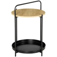 HOMCOM Mesa de Apoio Moderna com Prateleira de Madeira e Bandeja Removível Alça Portátil 43,5x42,5x60cm Preto e Madeira(m-11)