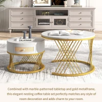 2-in-1 Marble Coffee Table Set with Marble Grain Veneer Top, Rattan Drawers, and Solid Wood Handles, Gold Iron Legs, 70x70x45.5 cm + 50x50x38.5 cm, White+Gold(m-4)