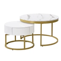 Round Nesting Marble Coffee Table with Storage Drawers, High Gloss Tabletops, Golden Metal Frame, 70x70x45 cm/50x50x38.5 cm, White(m-2)