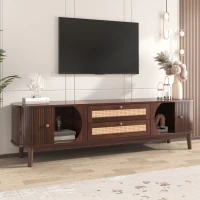 Natural Walnut Modern TV Stand with Rattan Drawers, Solid Wood Doors and Storage Solution, 170x39.5x46 cm, Natural(m-4)