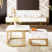 Set of 2 Nesting Coffee Table with High Gloss Top, Gold Accents, and Drawer, Marble Side Table for Living Room, 60x60x45 cm/50x50x34 cm, White