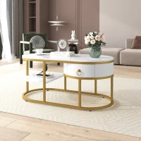 Oval Coffee Table with Marble Look, Golden Iron Frame, Drawers, and Shelves, 100x50x45 cm, White(m-4)