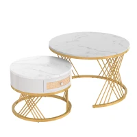 2-in-1 Marble Coffee Table Set with Marble Grain Veneer Top, Rattan Drawers, and Solid Wood Handles, Gold Iron Legs, 70x70x45.5 cm + 50x50x38.5 cm, White+Gold(m-2)
