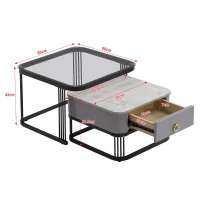 Set of 2 Marble Coffee Table with Black Legs and Drawers, Nesting Coffee Table with High-Gloss Tabletops, 60x60x42 cm+50x50x33.5 cm, Black(m-3)