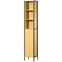 kleankin Coluna Casa de Banho com 1 Porta e 3 Prateleiras Abertas Coluna Auxiliar Casa de Banho  30x28x168cm Carvalho(m-10)