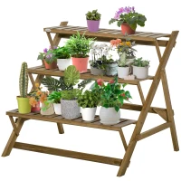 Outsunny Suporte de Madeira para Plantas em Forma de Escada com 3 Prateleiras Dobrável Suporte de Vasos de Plantas para Decoração de Interiores e Exteriores 101x83x88cm Marrom(m-11)