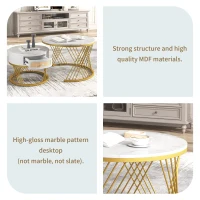 2-in-1 Marble Coffee Table Set with Marble Grain Veneer Top, Rattan Drawers, and Solid Wood Handles, Gold Iron Legs, 70x70x45.5 cm + 50x50x38.5 cm, White+Gold(m-9)