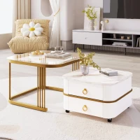 High-Gloss Marble and Glass Nesting Coffee Table with Storage, Handles, Tabletops with Gold Decoration, 60x60x45 cm/50x50x34 cm, White(m-1)