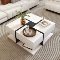 Square Coffee Table with 4 Drawers, Unique Pattern and Bottom Storage, 78x78x36 cm, White