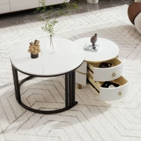 2-in-1 Nesting Table Coffee with Glossy Top and 2 Drawers, Round Modern Coffee Table for Living Room, 70x70x46+50x50x40 cm, White(m-5)