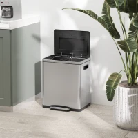 HOMCOM Coș de Gunoi cu 2 Secțiuni de 15L cu Pedală și Capac cu Închidere Lină, 40x34,8x47,5 cm, Argintiu(m-8)