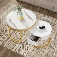 Round Nesting Marble Coffee Table with Storage Drawers, High Gloss Tabletops, Golden Metal Frame, 70x70x45 cm/50x50x38.5 cm, White(m-5)