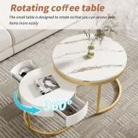 Round Nesting Marble Coffee Table with Storage Drawers, High Gloss Tabletops, Golden Metal Frame, 70x70x45 cm/50x50x38.5 cm, White(m-6)