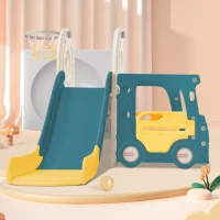 Children's 4-in-1 Outdoor Play Equipment with Slide, Bus, Activity Ladder, Basketball Hoop and Ball, HDPE Material, 171x109.9x100 cm, Green(m-5)