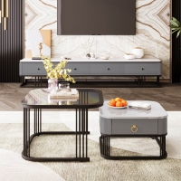 Set of 2 Marble Coffee Table with Black Legs and Drawers, Nesting Coffee Table with High-Gloss Tabletops, 60x60x42 cm+50x50x33.5 cm, Black