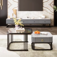 Set of 2 Marble Coffee Table with Black Legs and Drawers, Nesting Coffee Table with High-Gloss Tabletops, 60x60x42 cm+50x50x33.5 cm, Black(m-1)