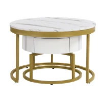 Round Nesting Marble Coffee Table with Storage Drawers, High Gloss Tabletops, Golden Metal Frame, 70x70x45 cm/50x50x38.5 cm, White(m-13)