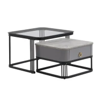 Set of 2 Marble Coffee Table with Black Legs and Drawers, Nesting Coffee Table with High-Gloss Tabletops, 60x60x42 cm+50x50x33.5 cm, Black(m-2)