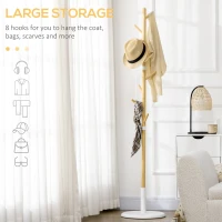 HOMCOM Cuier Vertical cu 8 Cârlige cu Bază Rotundă din Bambus, Lemn și Metal, Ø37,8x175,6 cm, Lemn Natural(m-5)