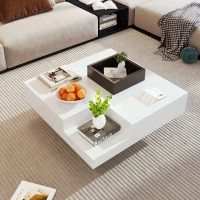 Glossy Lift Top Coffee Table with Removable Storage Box and LED Light Effect, 72x72x30 cm, White(m-1)